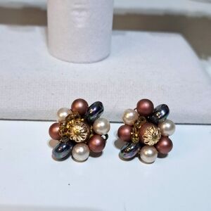 Vintage Clip-on Earrings - Pearl Cluster Statement Earrings